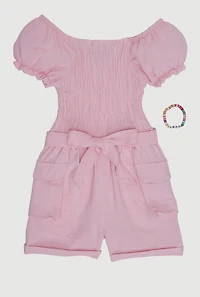 Little Girls Smocked Romper with Tie Waist Belt and Bracelet