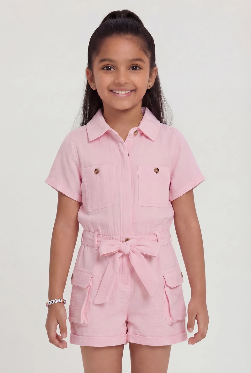 Little Girls Cargo Romper with Tie Waist Belt and Bracelet