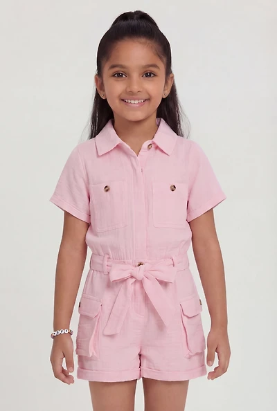 Little Girls Cargo Romper with Tie Waist Belt and Bracelet