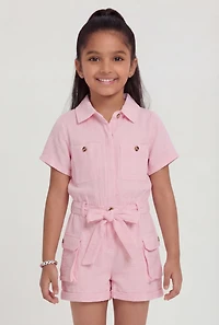 Little Girls Cargo Romper with Tie Waist Belt and Bracelet
