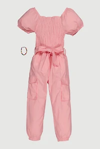 Little Girls Smocked Puff Sleeve Cargo Jumpsuit with Bracelet