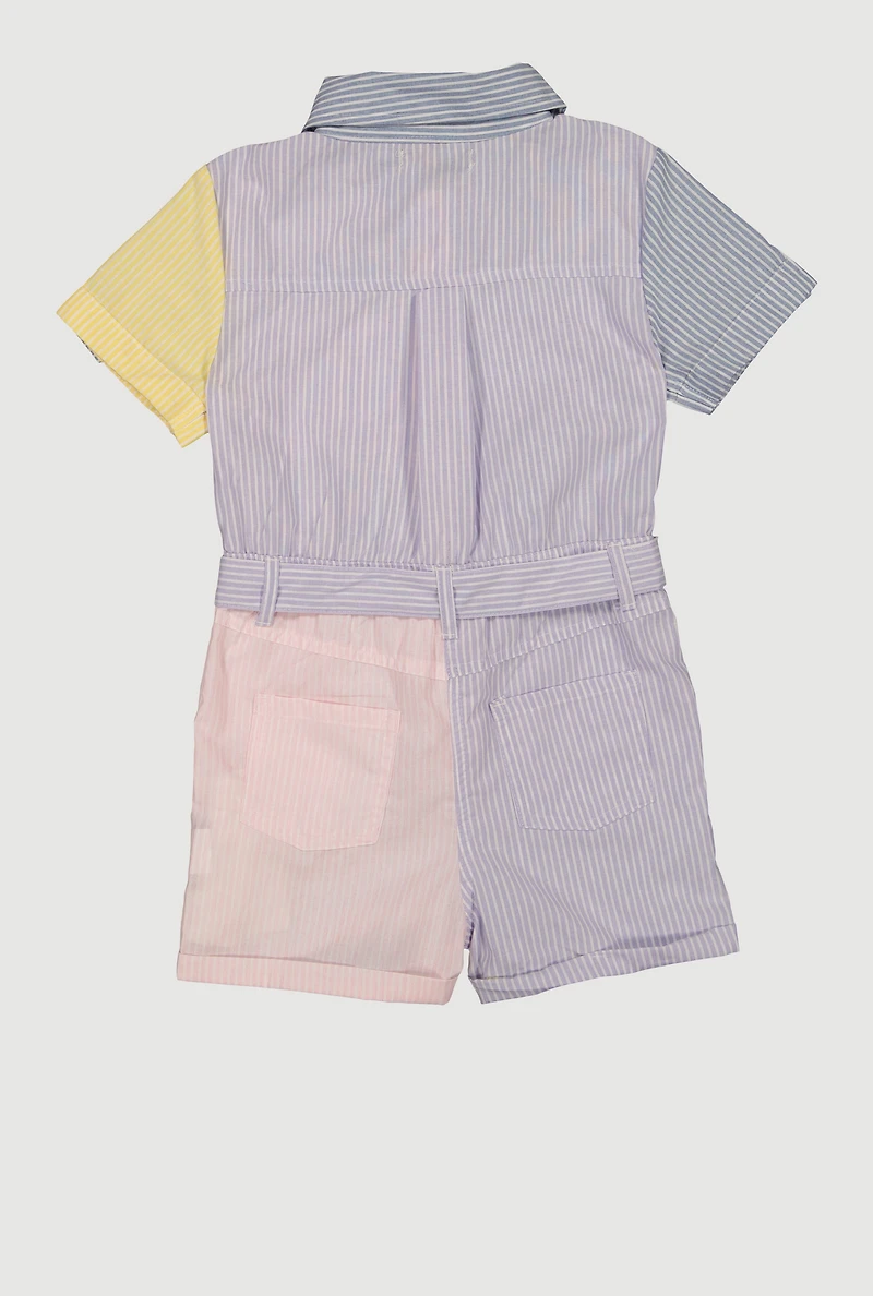 Little Girls Striped Color Block Romper with Tie Waist Belt