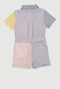 Little Girls Striped Color Block Romper with Tie Waist Belt