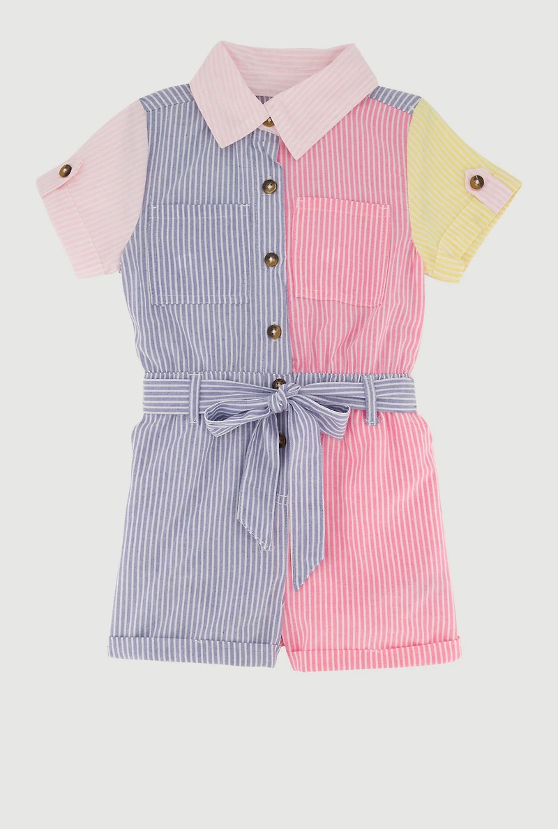 Little Girls Striped Color Block Romper with Tie Waist Belt