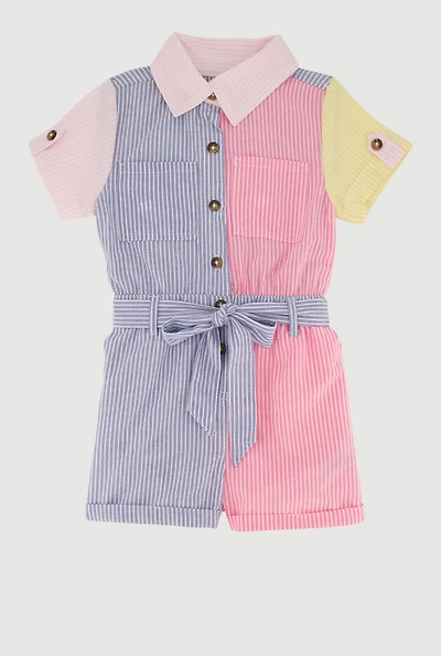 Little Girls Striped Color Block Romper with Tie Waist Belt
