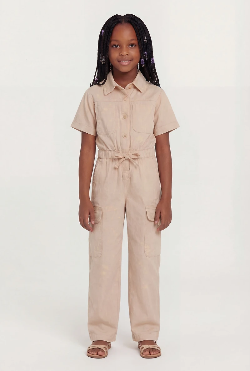 Little Girls Acid Wash Button Front Bow Cargo Jumpsuit