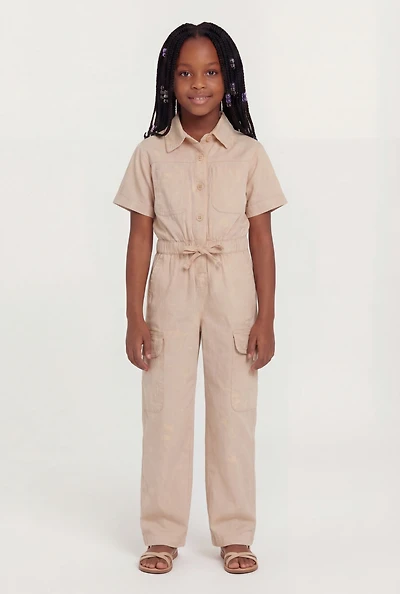 Little Girls Acid Wash Button Front Bow Cargo Jumpsuit