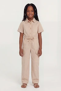 Little Girls Acid Wash Button Front Bow Cargo Jumpsuit