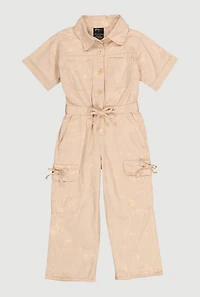 Little Girls Acid Wash Button Front Bow Cargo Jumpsuit