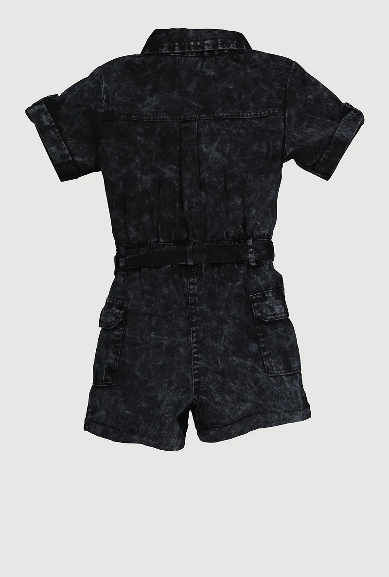 Little Girls Acid Wash Cargo Romper with Tie Waist Belt