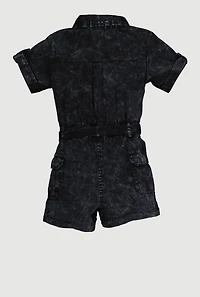 Little Girls Acid Wash Cargo Romper with Tie Waist Belt