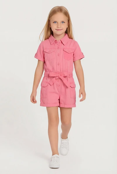 Little Girls Acid Wash Cargo Romper with Tie Waist Belt