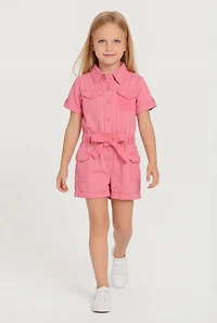 Little Girls Acid Wash Cargo Romper with Tie Waist Belt