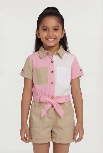 Little Girls Color Blocked Romper with Tie Waist Belt