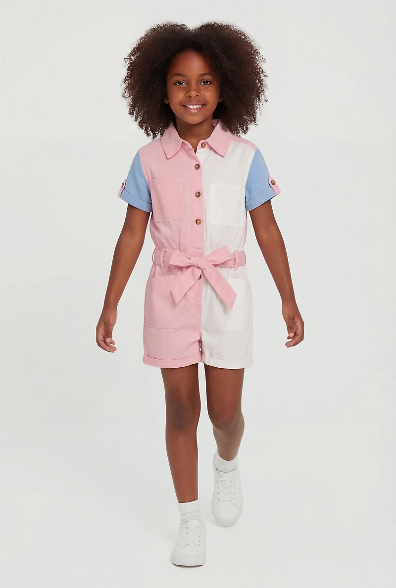 Little Girls Color Blocked Romper with Tie Waist Belt