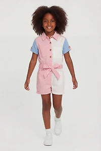 Little Girls Color Blocked Romper with Tie Waist Belt