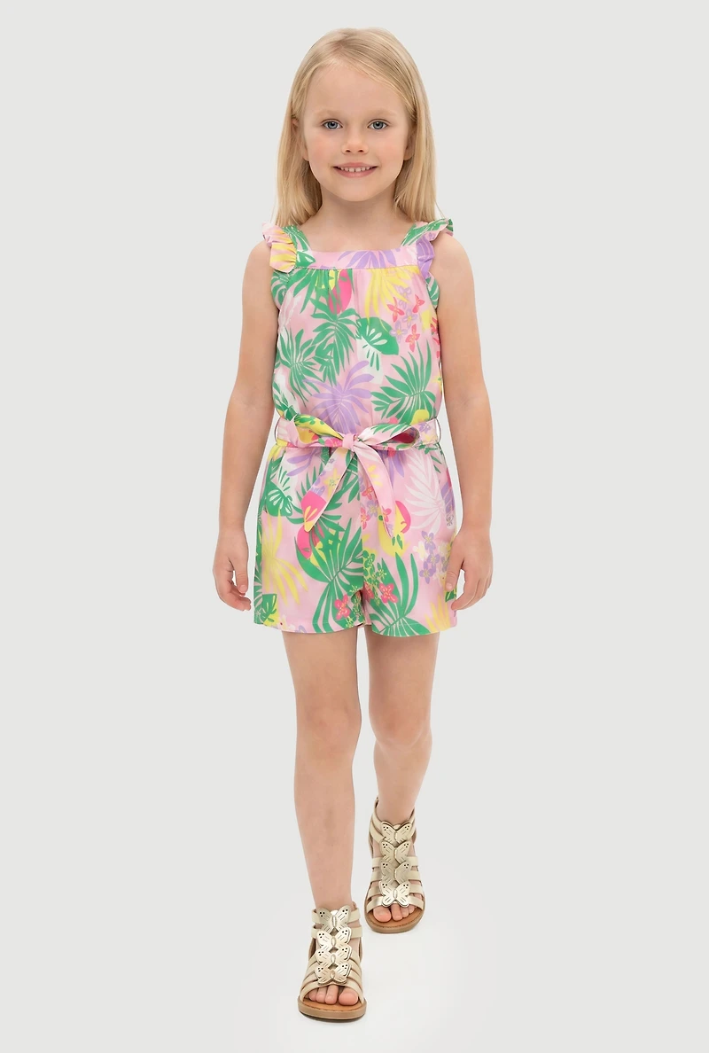 Little Girls Tropical Floral Romper with Tie Waist Belt