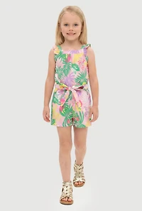 Little Girls Tropical Floral Romper with Tie Waist Belt