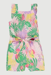 Little Girls Tropical Floral Romper with Tie Waist Belt