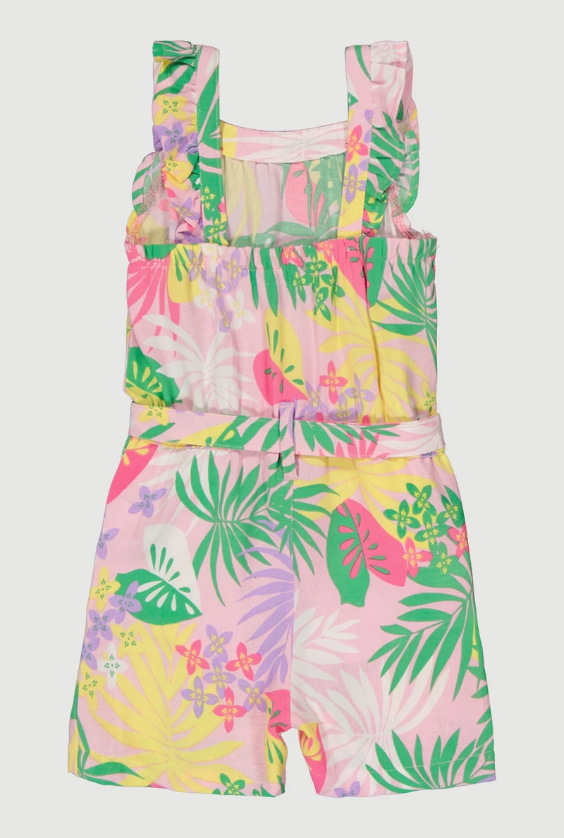 Little Girls Tropical Floral Romper with Tie Waist Belt