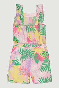 Little Girls Tropical Floral Romper with Tie Waist Belt