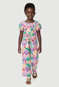 Little Girls Tropical Floral Jumpsuit with Tie Waist Belt