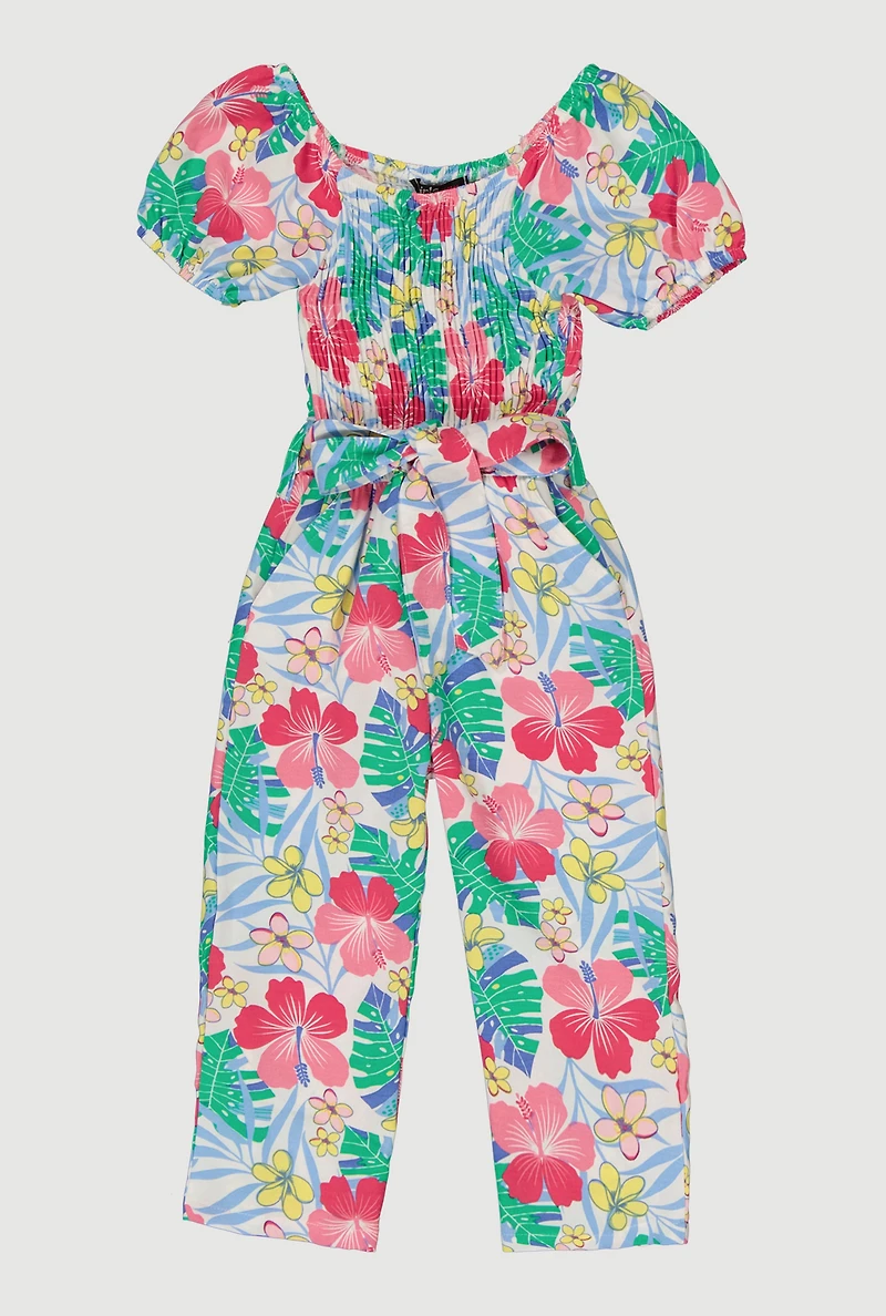 Little Girls Tropical Floral Jumpsuit with Tie Waist Belt