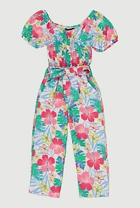 Little Girls Tropical Floral Jumpsuit with Tie Waist Belt