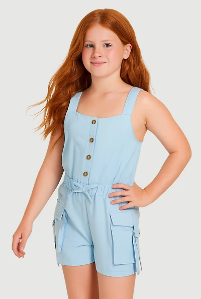 Girls Button Front Tabbed Cargo Pocket Romper,