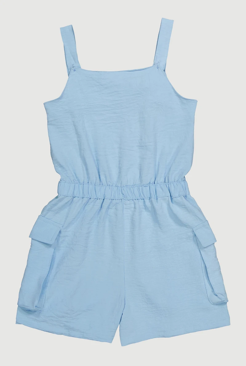Girls Button Front Tabbed Cargo Pocket Romper, 10-12
