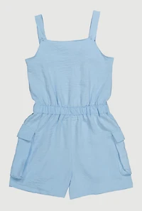 Girls Button Front Tabbed Cargo Pocket Romper, 10-12