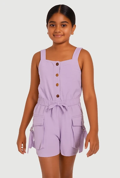 Girls Button Front Tabbed Cargo Pocket Romper, Purple, Size 10-12
