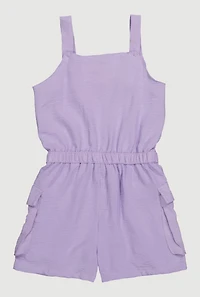 Girls Button Front Tabbed Cargo Pocket Romper, Purple, Size 10-12