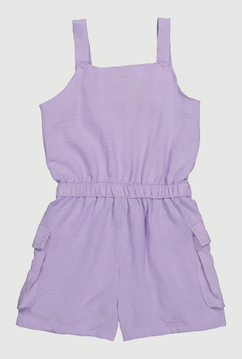 Girls Button Front Tabbed Cargo Pocket Romper, Purple, Size 10-12