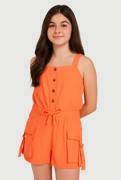 Girls Button Front Tabbed Cargo Pocket Romper,