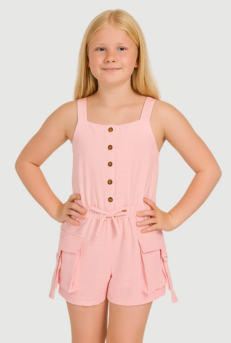 Girls Button Front Tabbed Cargo Pocket Romper, Pink, Size 7-8