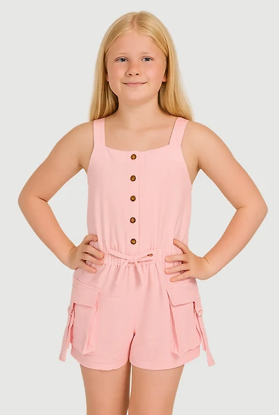 Girls Button Front Tabbed Cargo Pocket Romper, Pink, Size 7-8