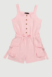 Girls Button Front Tabbed Cargo Pocket Romper, Pink, Size 7-8