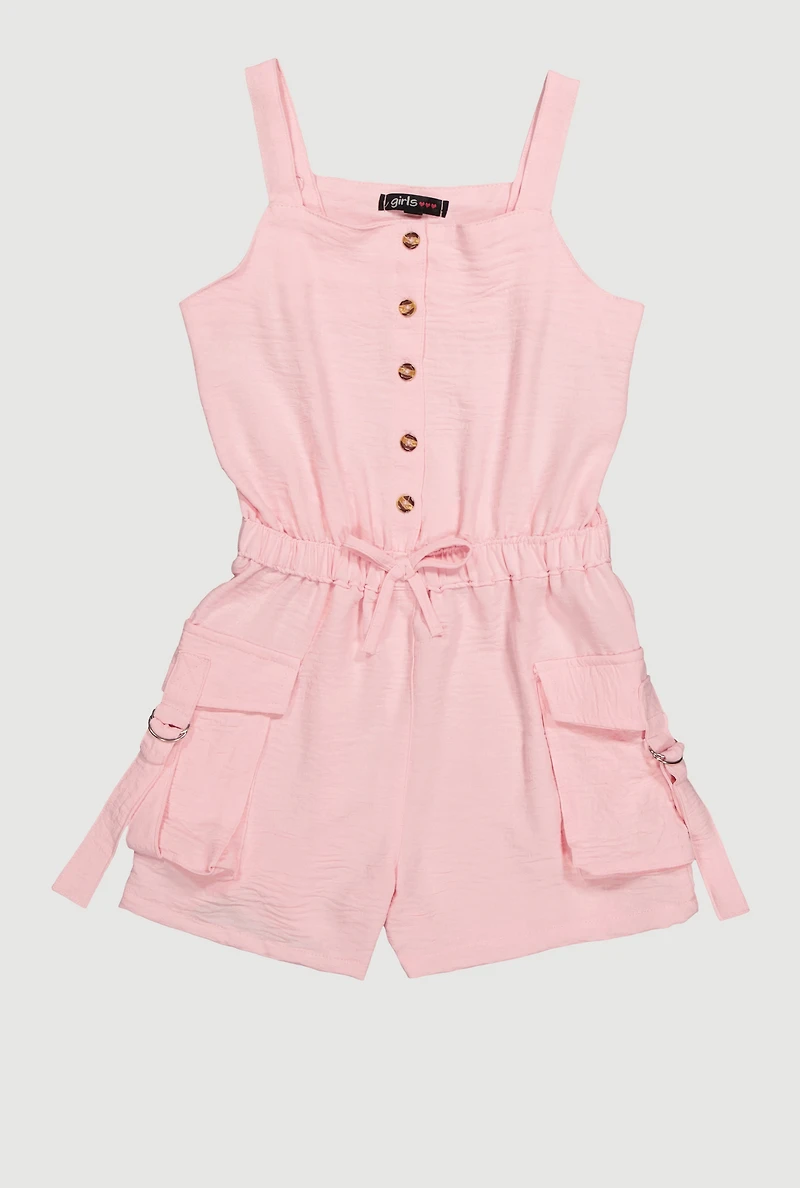 Girls Button Front Tabbed Cargo Pocket Romper, Pink, Size 14-16