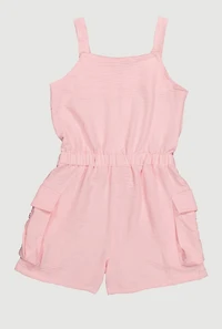 Girls Button Front Tabbed Cargo Pocket Romper, Pink, Size 7-8