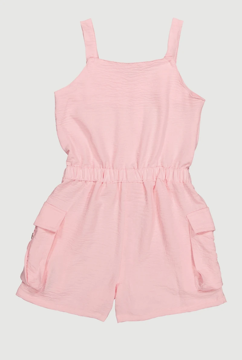 Girls Button Front Tabbed Cargo Pocket Romper, Pink, Size 14-16