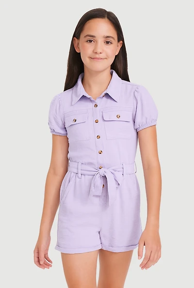 Girls Puff Sleeve Tie Waist Belted Romper, Purple, Size 10-12