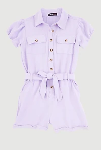 Girls Puff Sleeve Tie Waist Belted Romper, Purple, Size 10-12