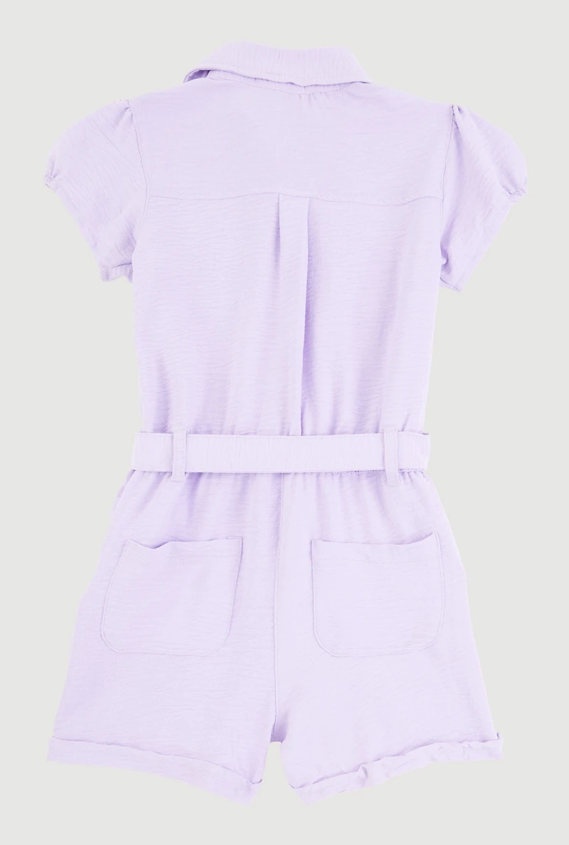 Girls Puff Sleeve Tie Waist Belted Romper, Purple, Size 10-12