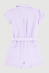 Girls Puff Sleeve Tie Waist Belted Romper, Purple, Size 10-12