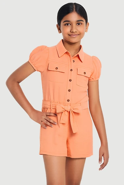Girls Puff Sleeve Tie Waist Belted Romper
