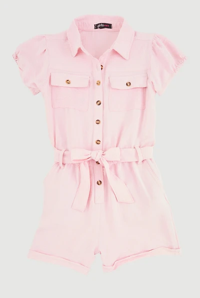 Girls Puff Sleeve Tie Waist Belted Romper,