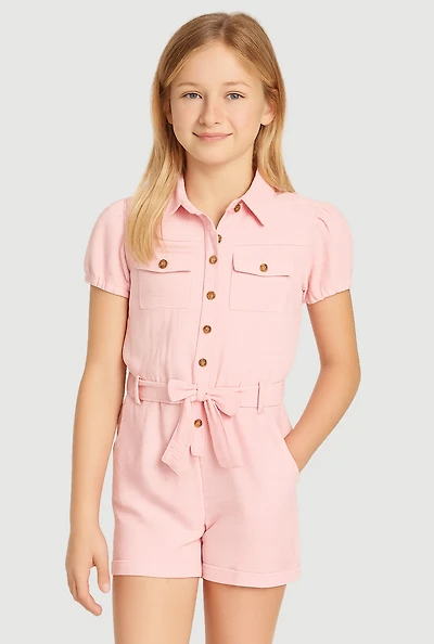 Girls Puff Sleeve Tie Waist Belted Romper,