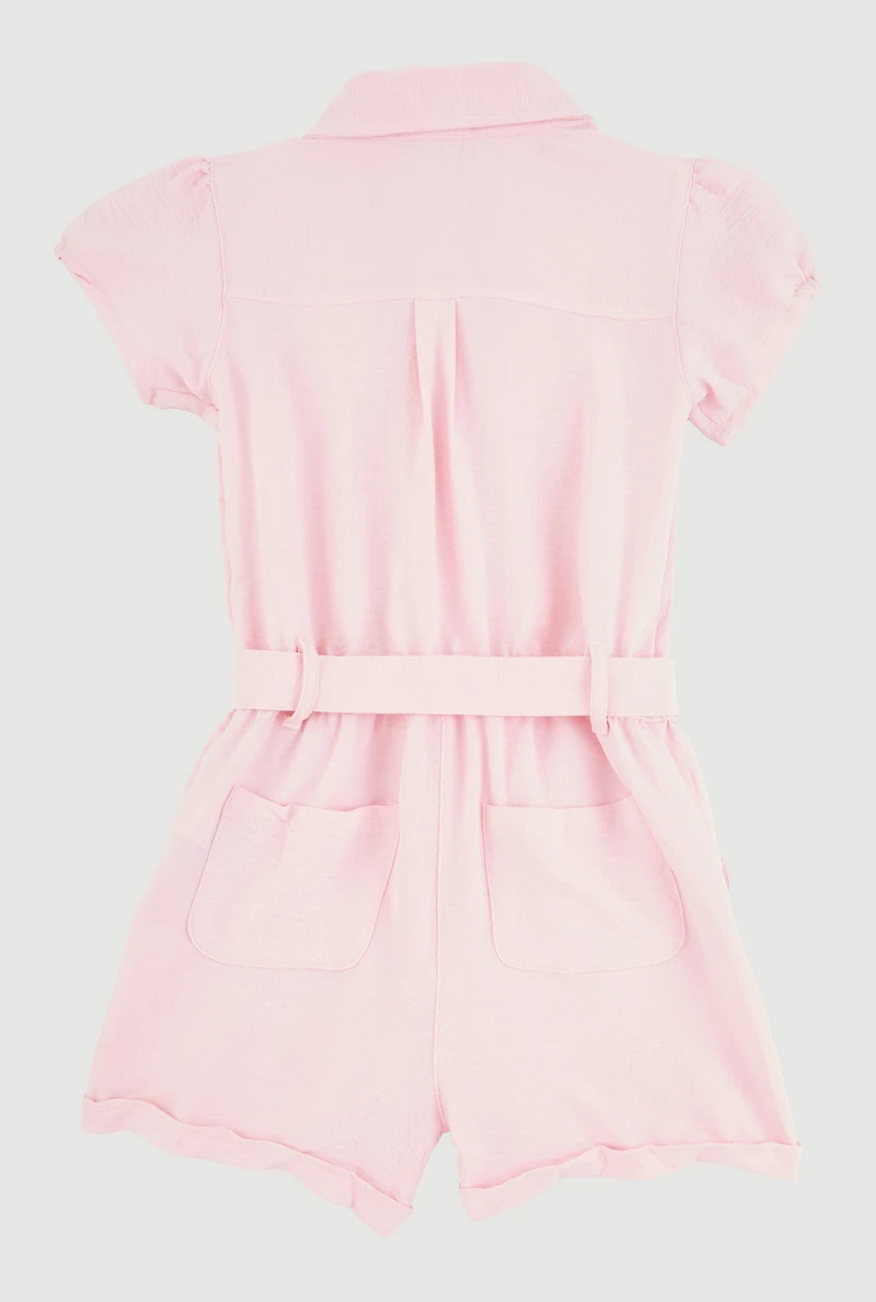 Girls Puff Sleeve Tie Waist Belted Romper