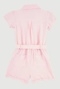 Girls Puff Sleeve Tie Waist Belted Romper